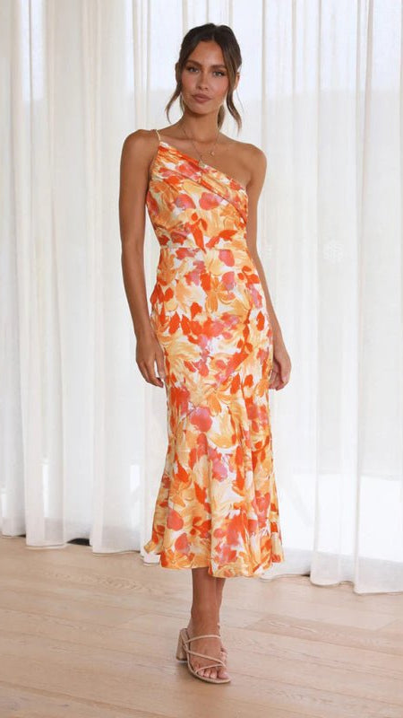 Women's new fashionable temperament slant neck suspender fishtail print dress - Wedding Guest