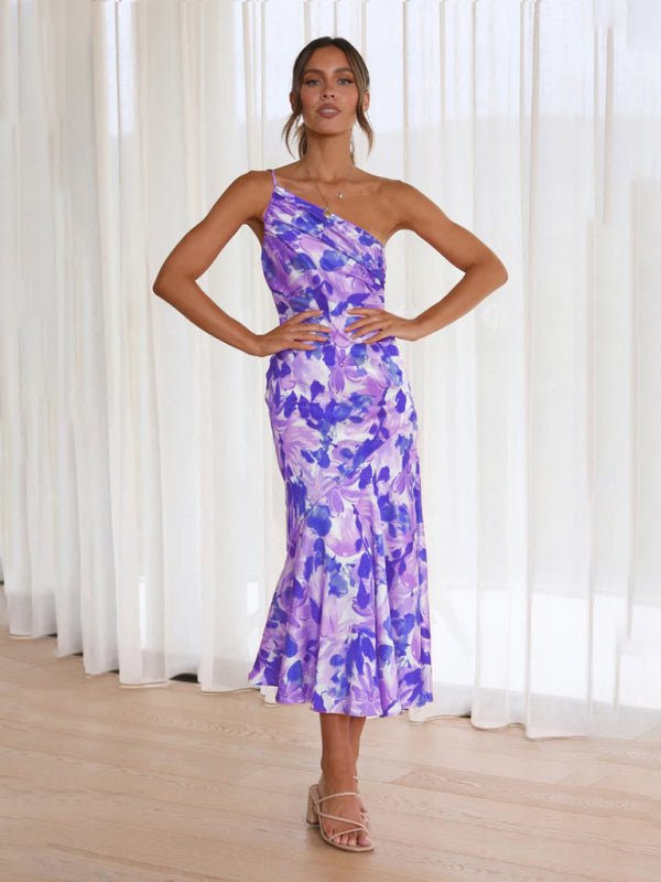 Women's new fashionable temperament slant neck suspender fishtail print dress - Wedding Guest