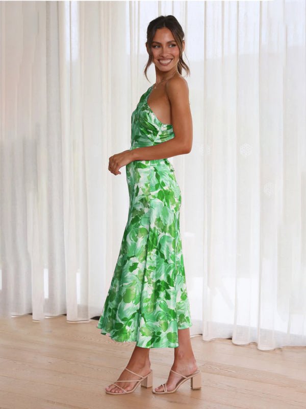 Women's new fashionable temperament slant neck suspender fishtail print dress - Wedding Guest