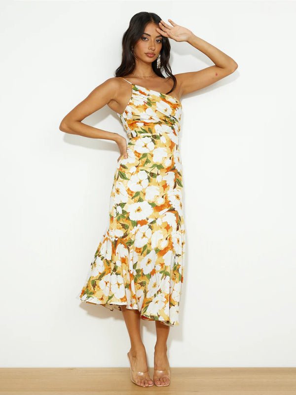 Women's new fashionable temperament slant neck suspender fishtail print dress - Wedding Guest