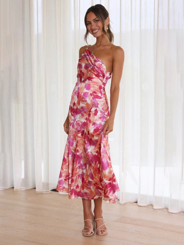 Women's new fashionable temperament slant neck suspender fishtail print dress - Wedding Guest