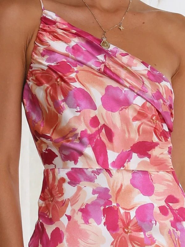 Women's new fashionable temperament slant neck suspender fishtail print dress - Wedding Guest