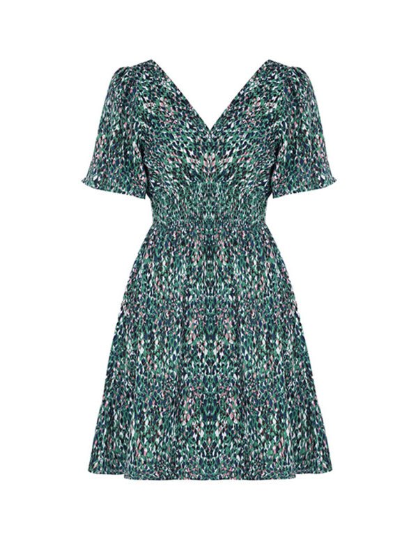 Women's New Fish Scale Pattern Short Sleeve Waist Dress - Vacation Dress