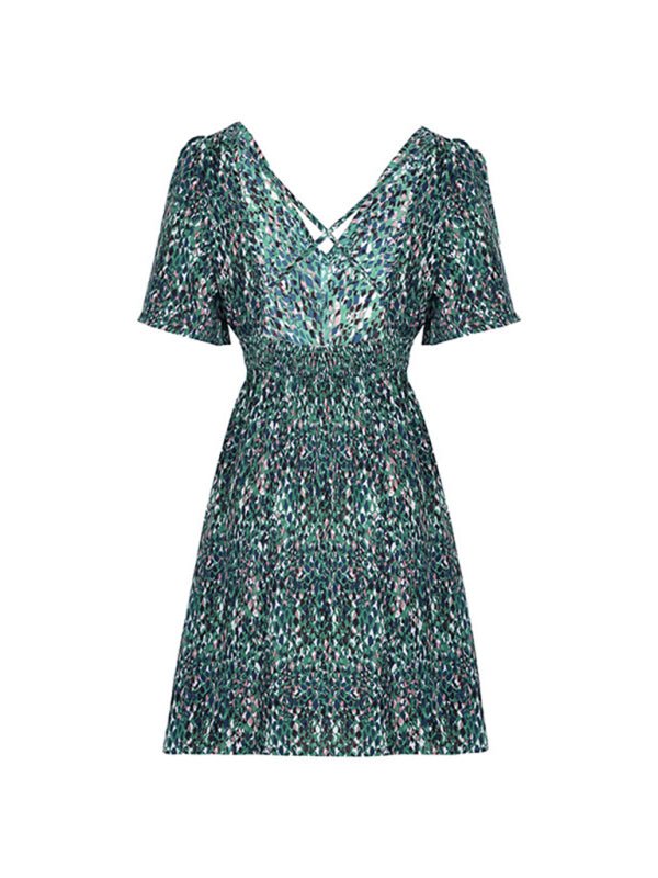 Women's New Fish Scale Pattern Short Sleeve Waist Dress - Vacation Dress