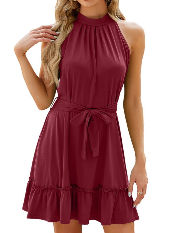 Women's new halter neck strap pleated sleeveless solid color dress - Day Dress