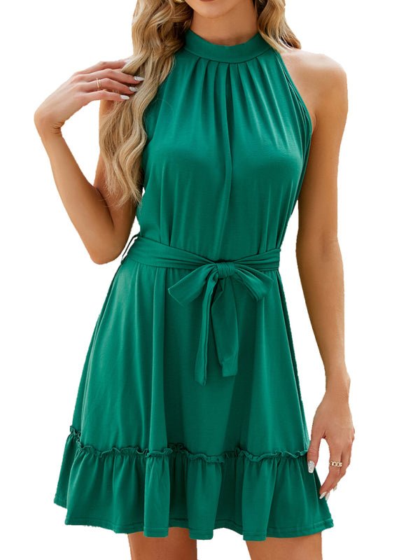 Women's new halter neck strap pleated sleeveless solid color dress - Day Dress