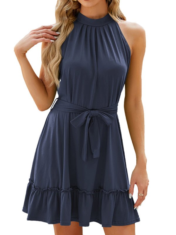 Women's new halter neck strap pleated sleeveless solid color dress - Day Dress