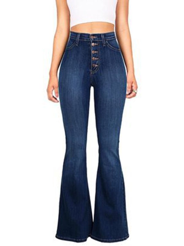 Women's new high - waist washed button slim fit slightly flared wide - leg denim trousers - Bottoms