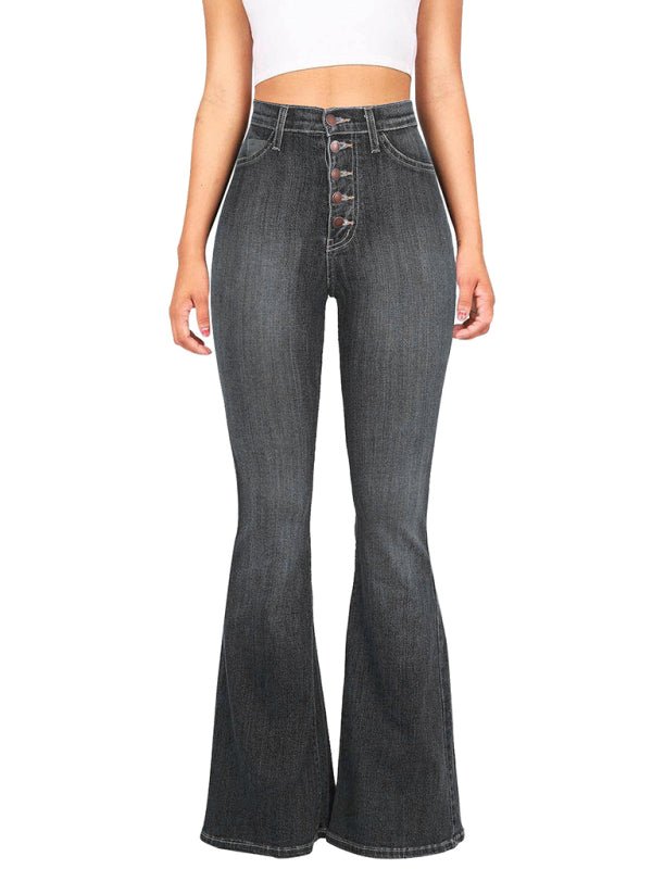 Women's new high - waist washed button slim fit slightly flared wide - leg denim trousers - Bottoms
