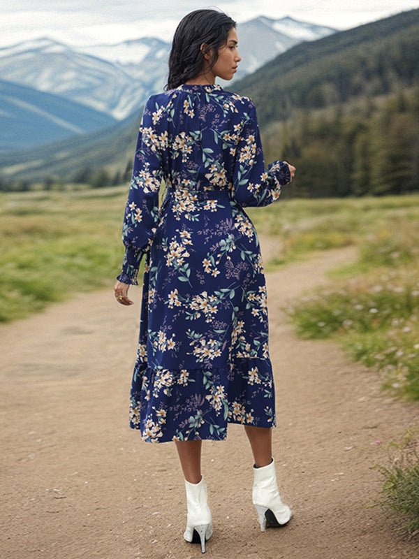 Women's New Long Sleeve Flower Print Dress - Casual Dress