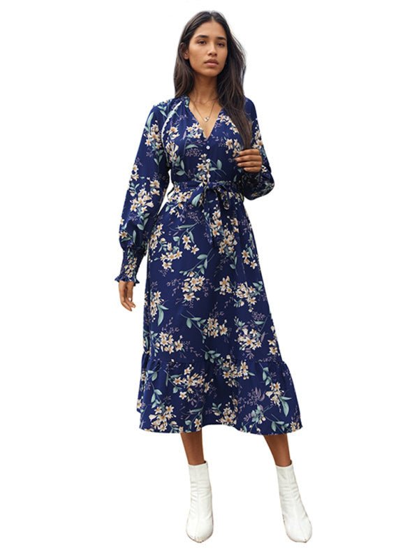 Women's New Long Sleeve Flower Print Dress - Casual Dress