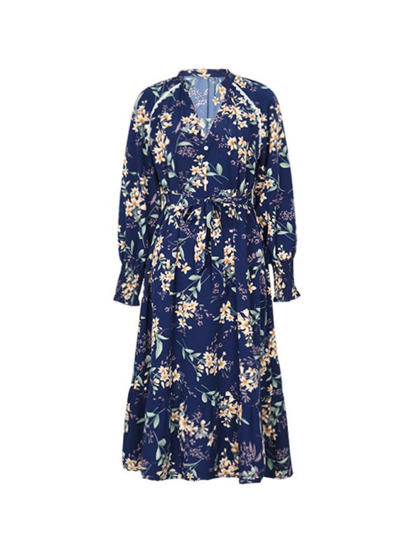 Women's New Long Sleeve Flower Print Dress - Casual Dress