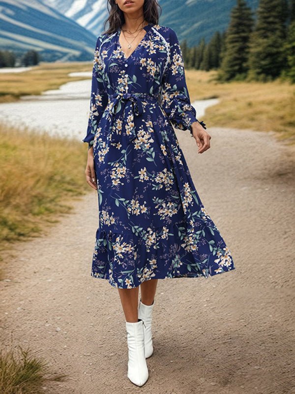 Women's New Long Sleeve Flower Print Dress - Casual Dress
