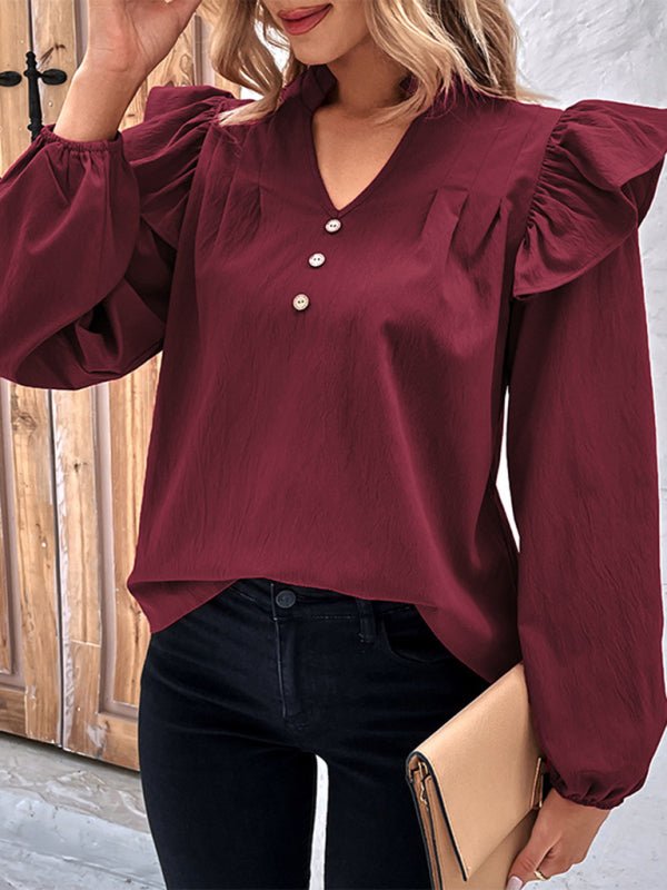 Women's New Red V - neck Long Sleeve Solid Color Shirt Top - Top