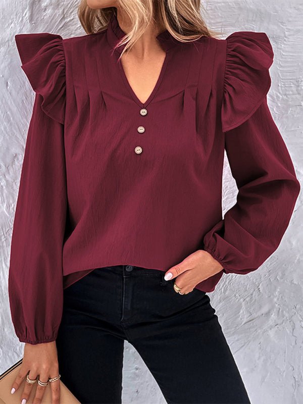 Women's New Red V - neck Long Sleeve Solid Color Shirt Top - Top