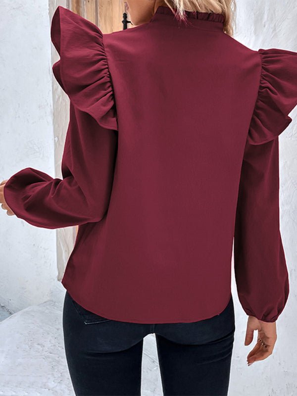 Women's New Red V - neck Long Sleeve Solid Color Shirt Top - Top