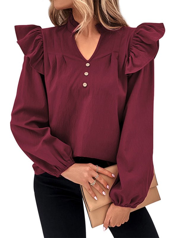 Women's New Red V - neck Long Sleeve Solid Color Shirt Top - Top