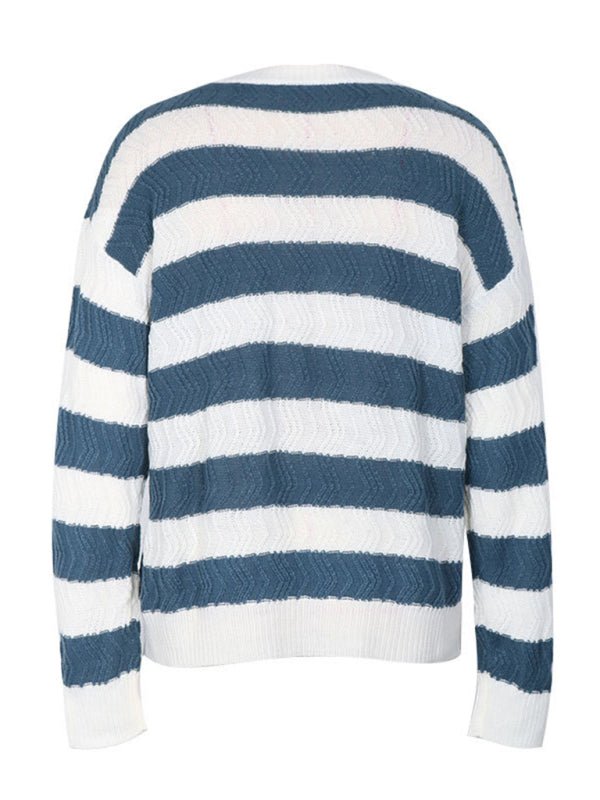 Women's new round neck long sleeve striped sweater - Outerwear