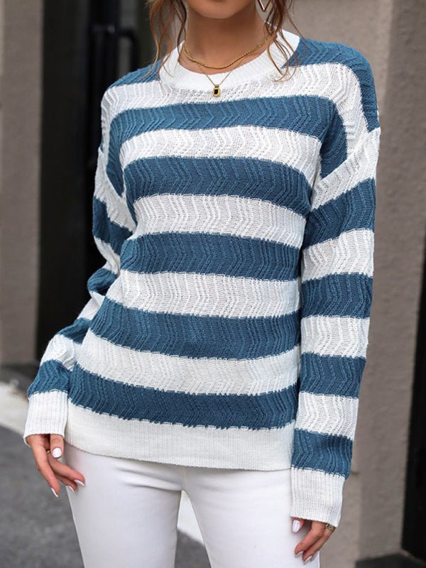 Women's new round neck long sleeve striped sweater - Outerwear
