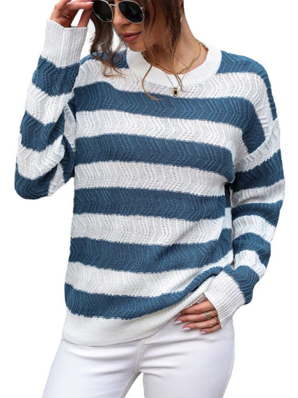 Women's new round neck long sleeve striped sweater - Outerwear