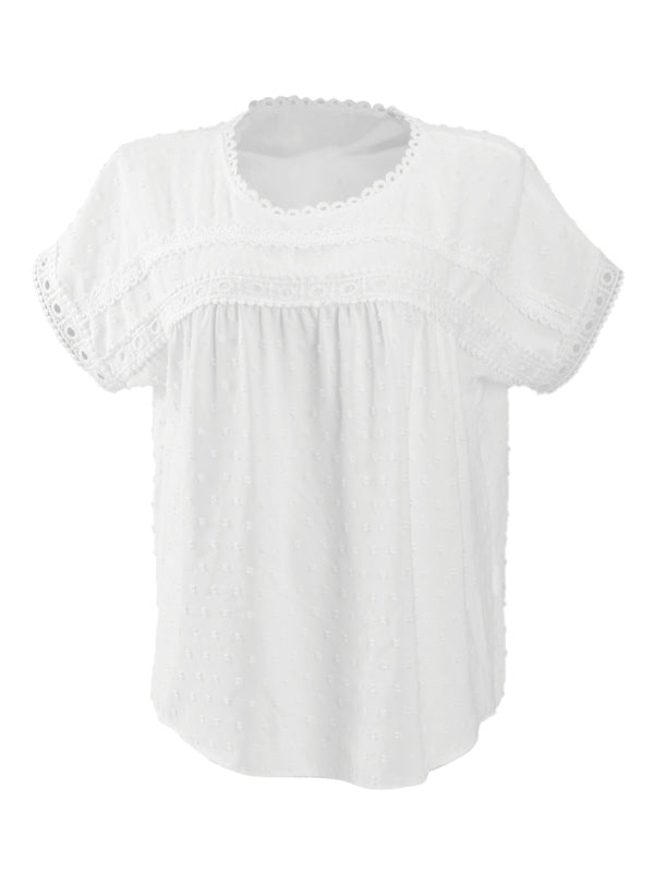 Women's new round neck pullover short sleeve lace top - Top