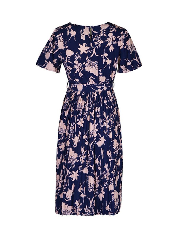 Women's New Round Neck Waist Floral Pattern Print - Day Dress