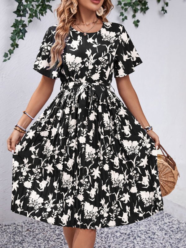 Women's New Round Neck Waist Floral Pattern Print - Day Dress