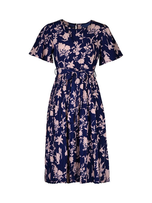 Women's New Round Neck Waist Floral Pattern Print - Day Dress