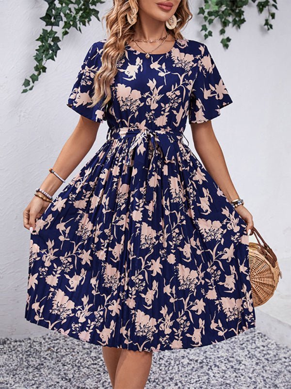 Women's New Round Neck Waist Floral Pattern Print - Day Dress