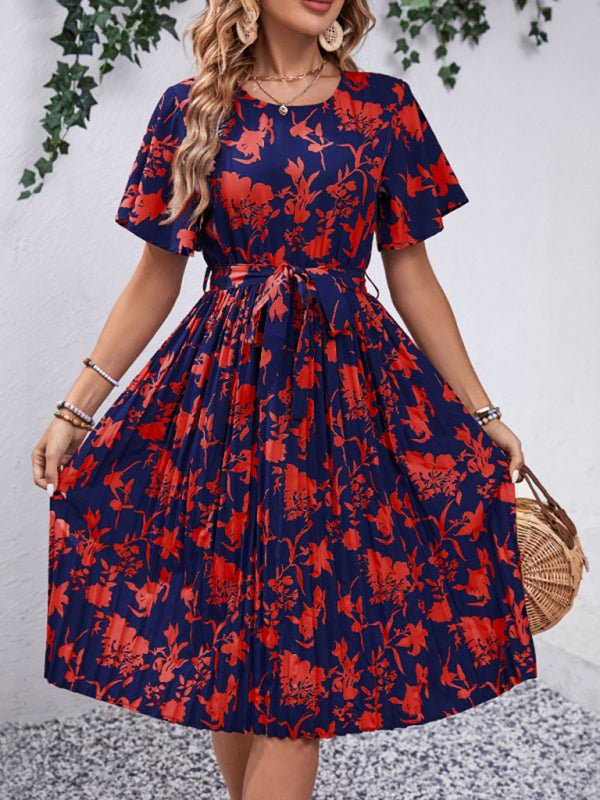 Women's New Round Neck Waist Floral Pattern Print - Day Dress