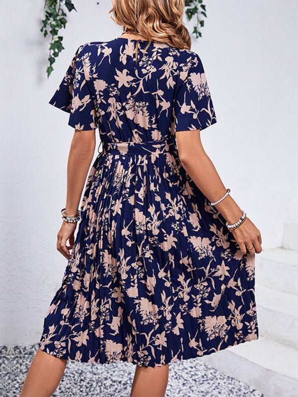 Women's New Round Neck Waist Floral Pattern Print - Day Dress