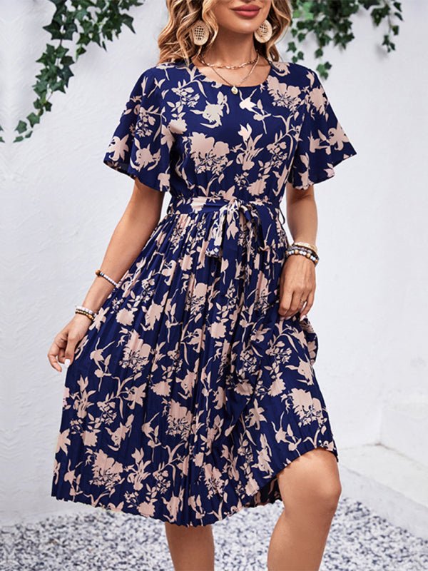 Women's New Round Neck Waist Floral Pattern Print - Day Dress