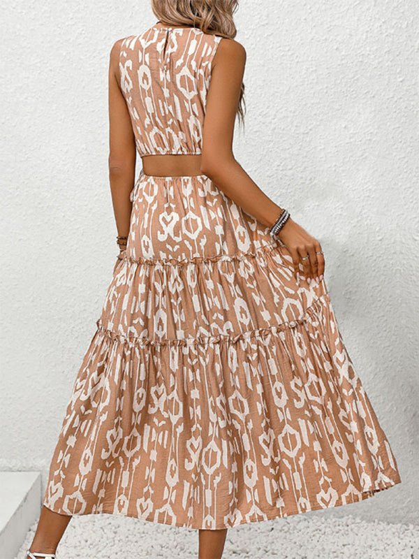Women's New Sleeveless Waist Solid Color Hollow Splicing Printed Dress - Vacation Dress