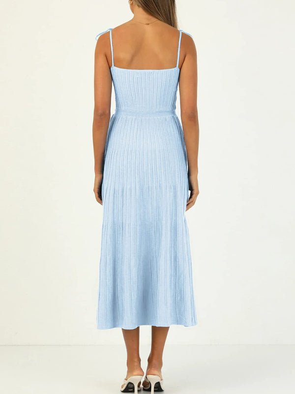 Women's new sling fashion solid color high waist wide swing knitted dress - Sweater Dress