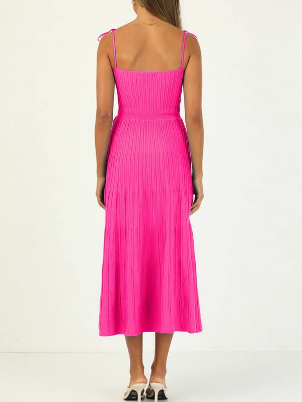 Women's new sling fashion solid color high waist wide swing knitted dress - Sweater Dress