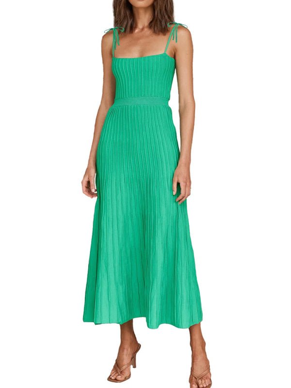 Women's new sling fashion solid color high waist wide swing knitted dress - Sweater Dress