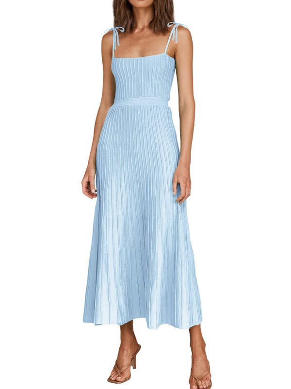 Women's new sling fashion solid color high waist wide swing knitted dress - Sweater Dress