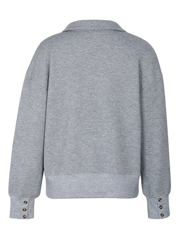 Women's new solid color lapel gray sweatshirt - Outerwear