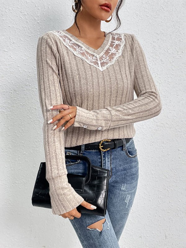 Women's new solid color long sleeve v - neck sweater - Outerwear