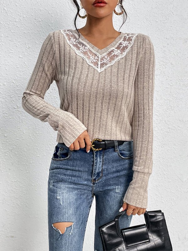 Women's new solid color long sleeve v - neck sweater - Outerwear