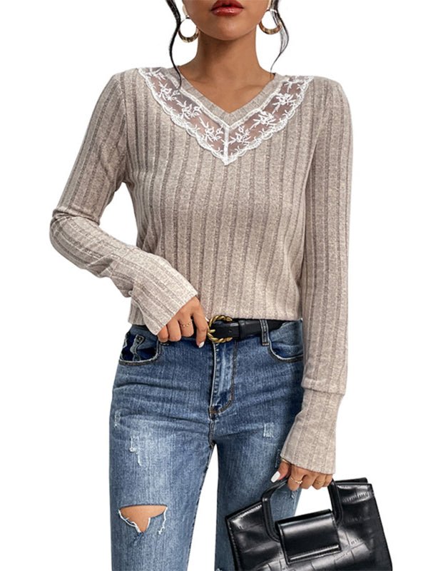Women's new solid color long sleeve v - neck sweater - Outerwear