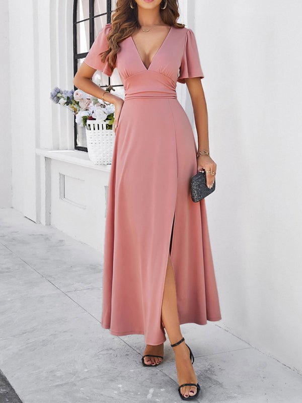 Women's new solid color V - neck waist dress - Formal Dress
