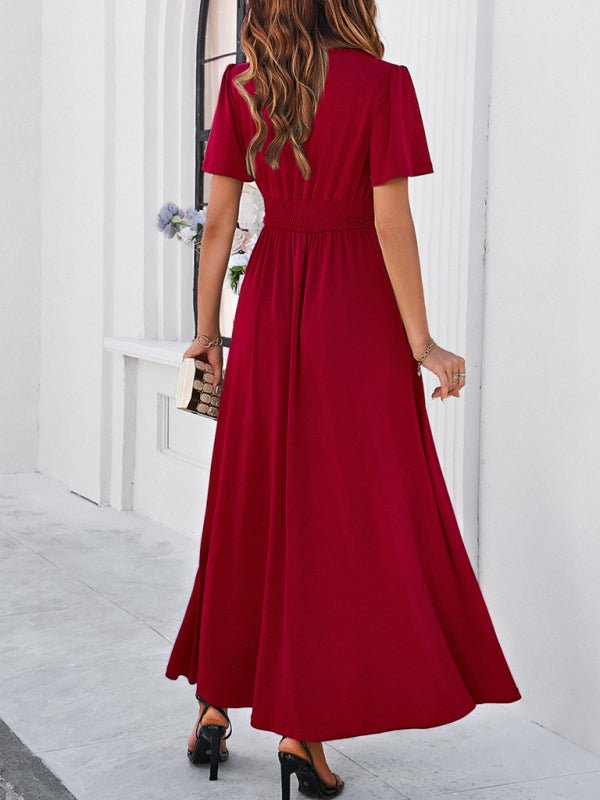 Women's new solid color V - neck waist dress - Formal Dress