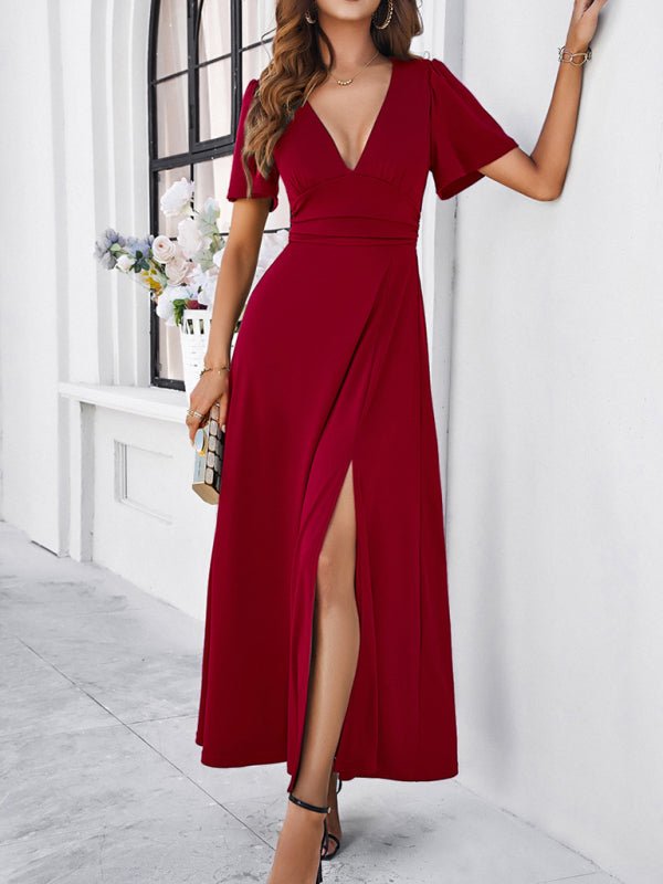 Women's new solid color V - neck waist dress - Formal Dress
