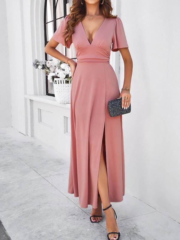 Women's new solid color V - neck waist dress - Formal Dress