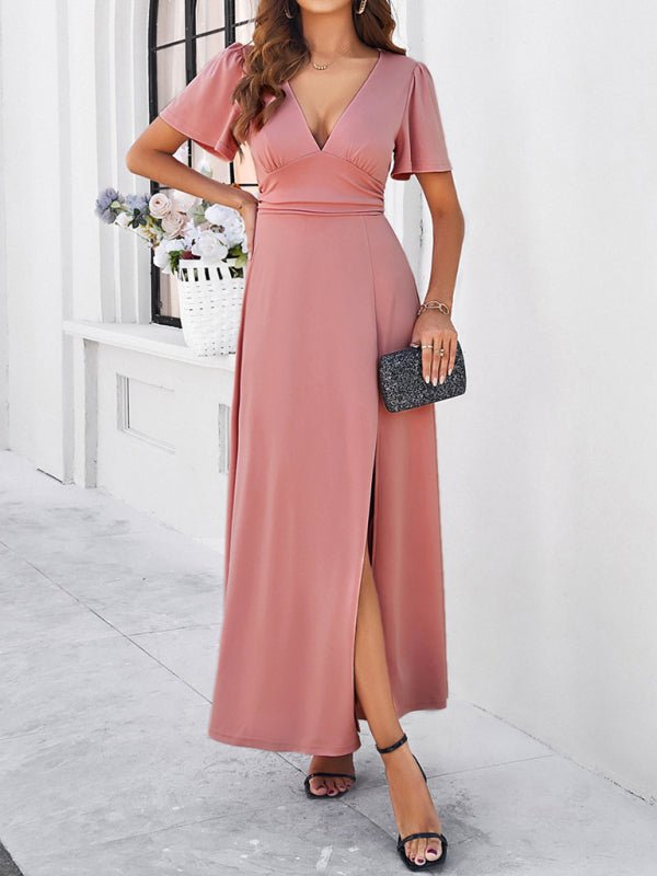 Women's new solid color V - neck waist dress - Formal Dress