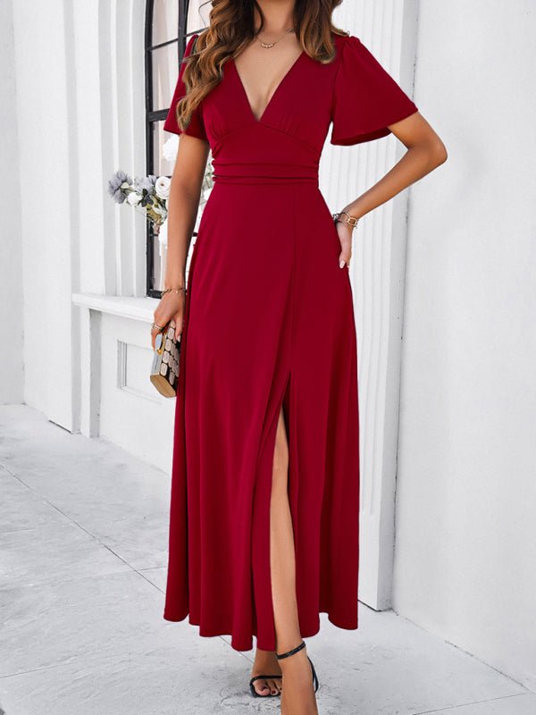 Women's new solid color V - neck waist dress - Formal Dress