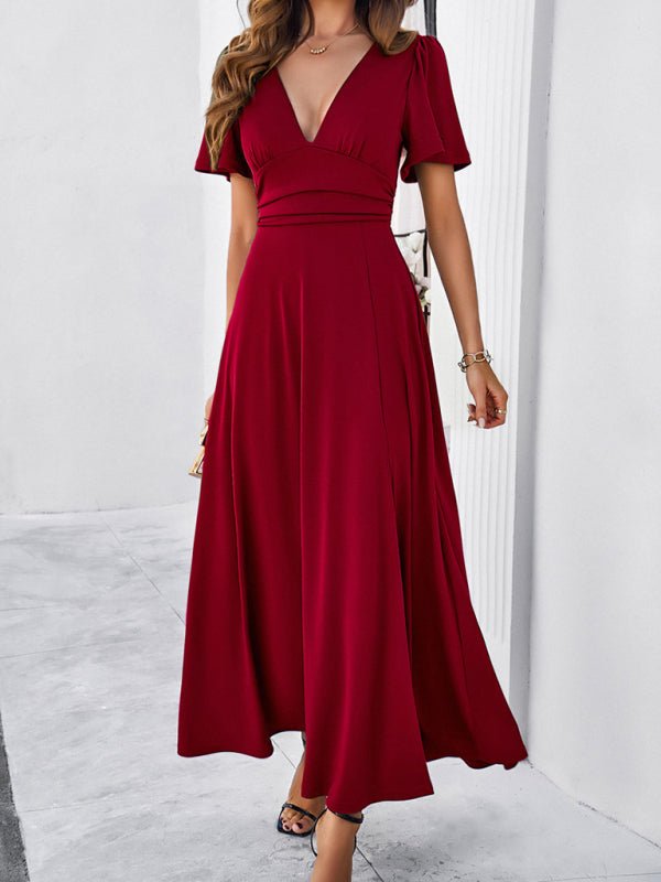 Women's new solid color V - neck waist dress - Formal Dress