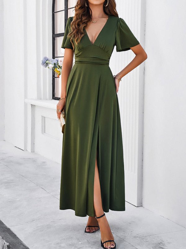 Women's new solid color V - neck waist dress - Formal Dress