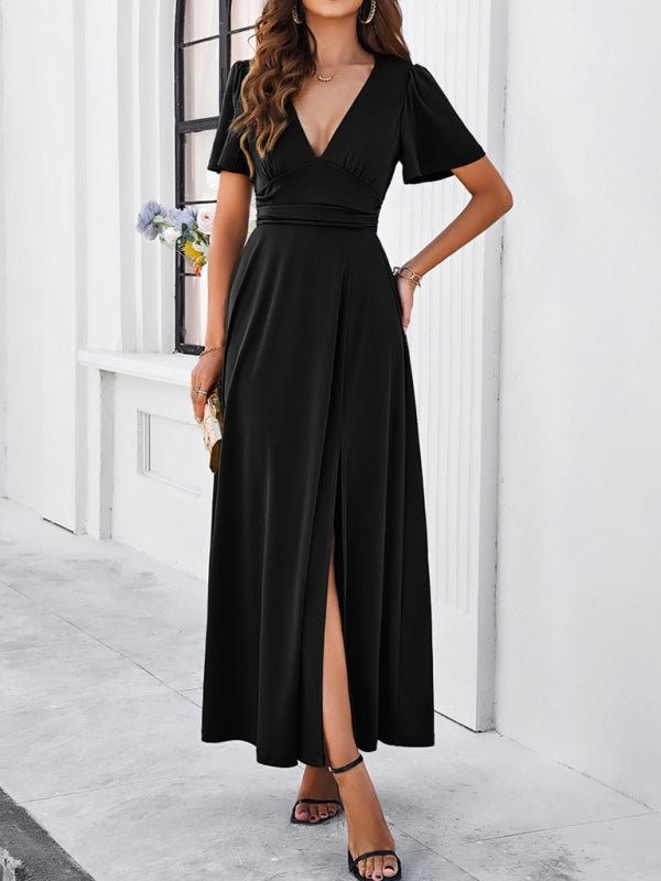 Women's new solid color V - neck waist dress - Formal Dress